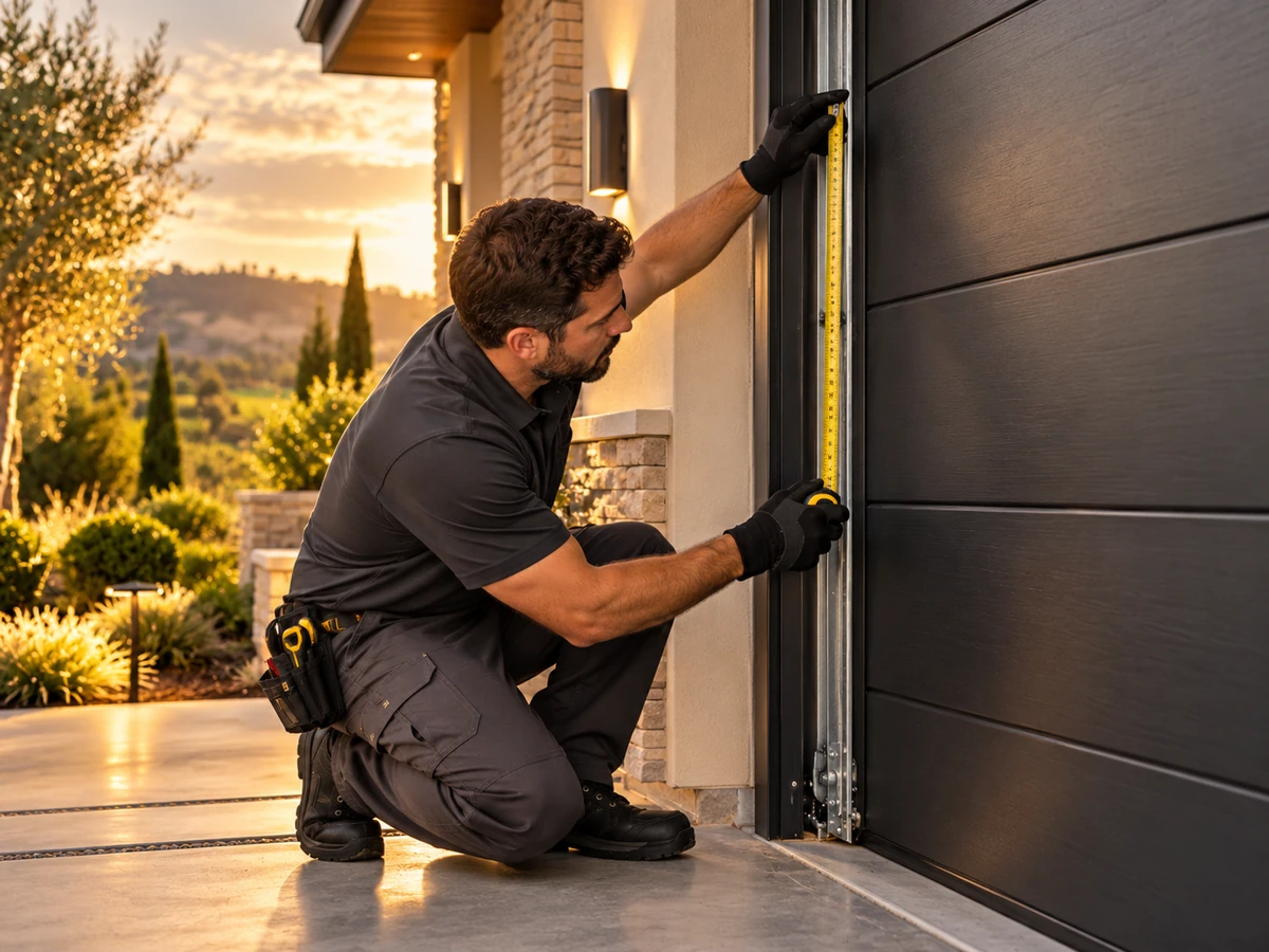 Garage door technician taking precise measurements