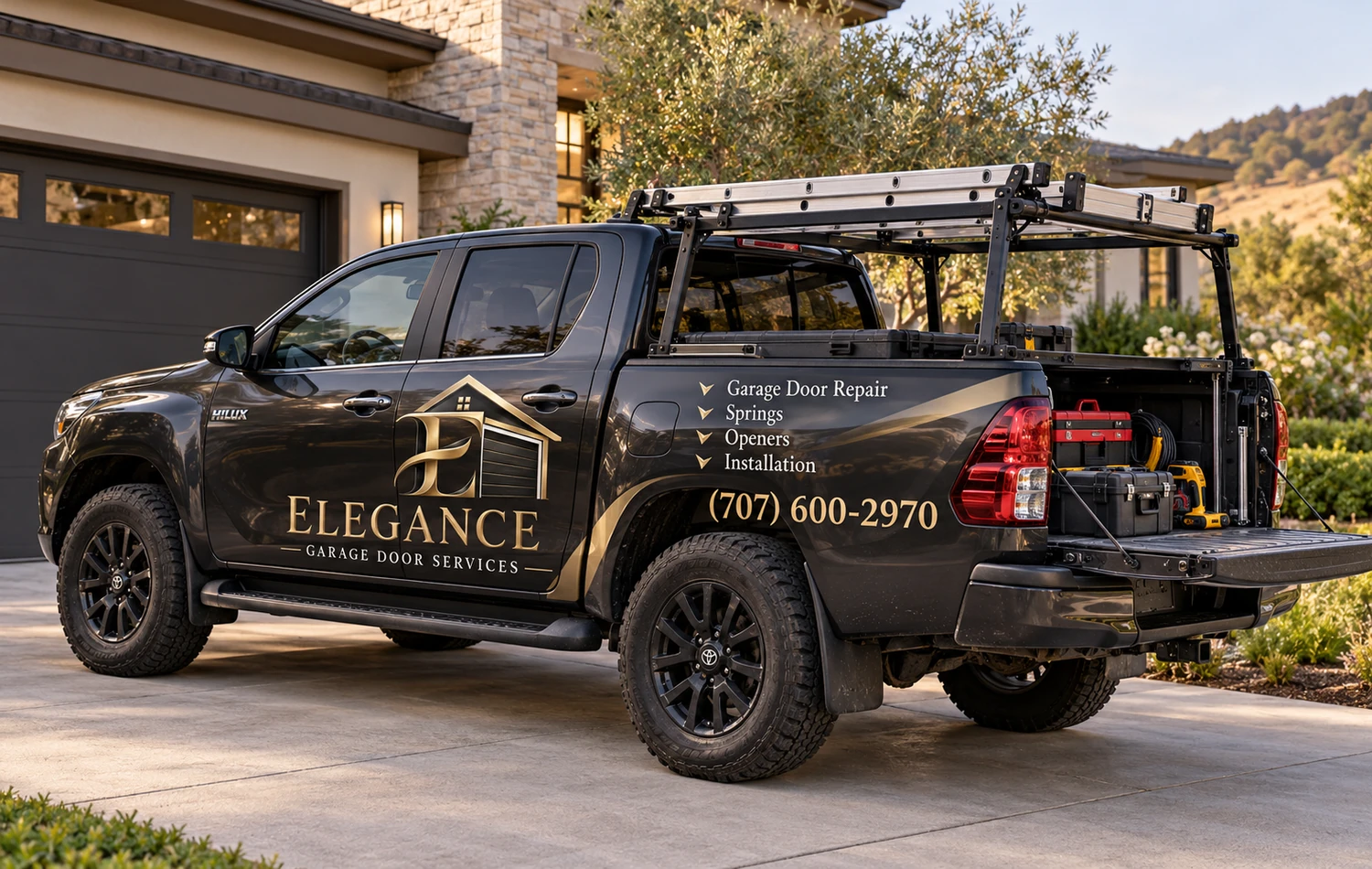 Illustration of a residential garage door service work vehicle